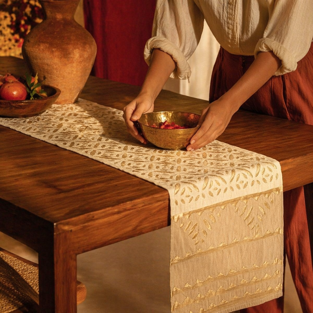 Applique Cutwork Runner Off-White and Taupe, The Gathered Table. Handmade in India by House of Taraasha.