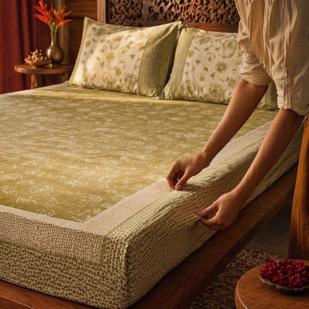 Marigold Sage Green and Off-White Bedsheet, The Linen Room. Handmade in India by House of Taraasha.