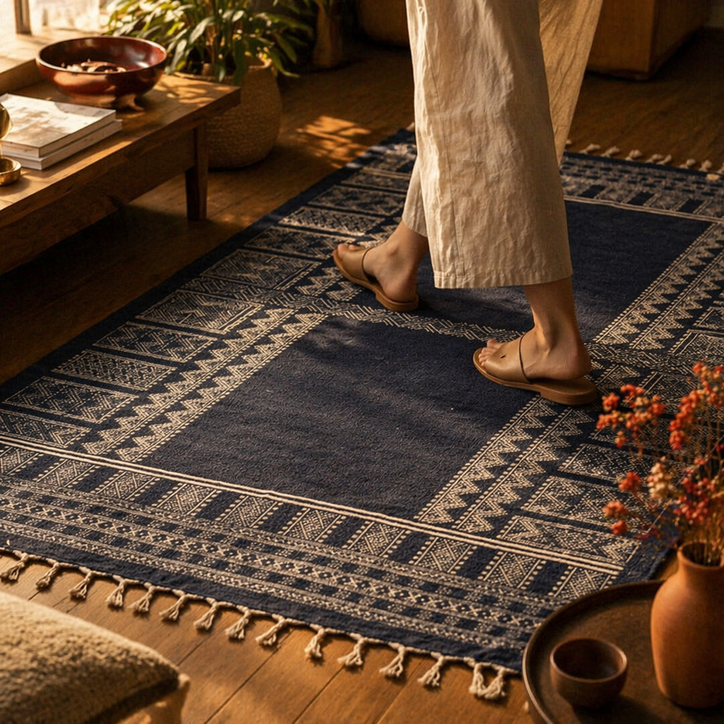 Jaipuri Dark Blue Hand-Printed Cotton Floor Rug, The Woven Floor. Handmade in India by House of Taraasha.
