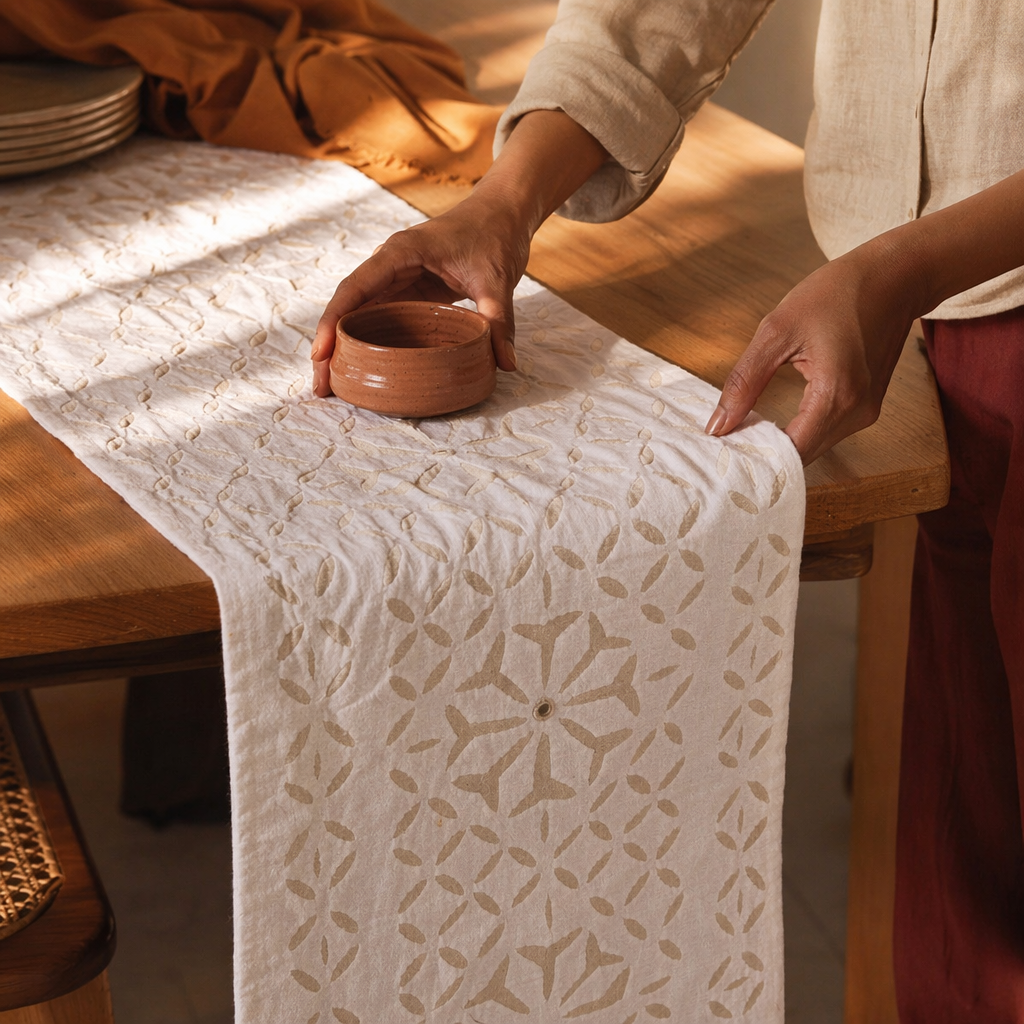 Applique Cutwork Runner Lily White with Mirrors, The Gathered Table. Handmade in India by House of Taraasha.