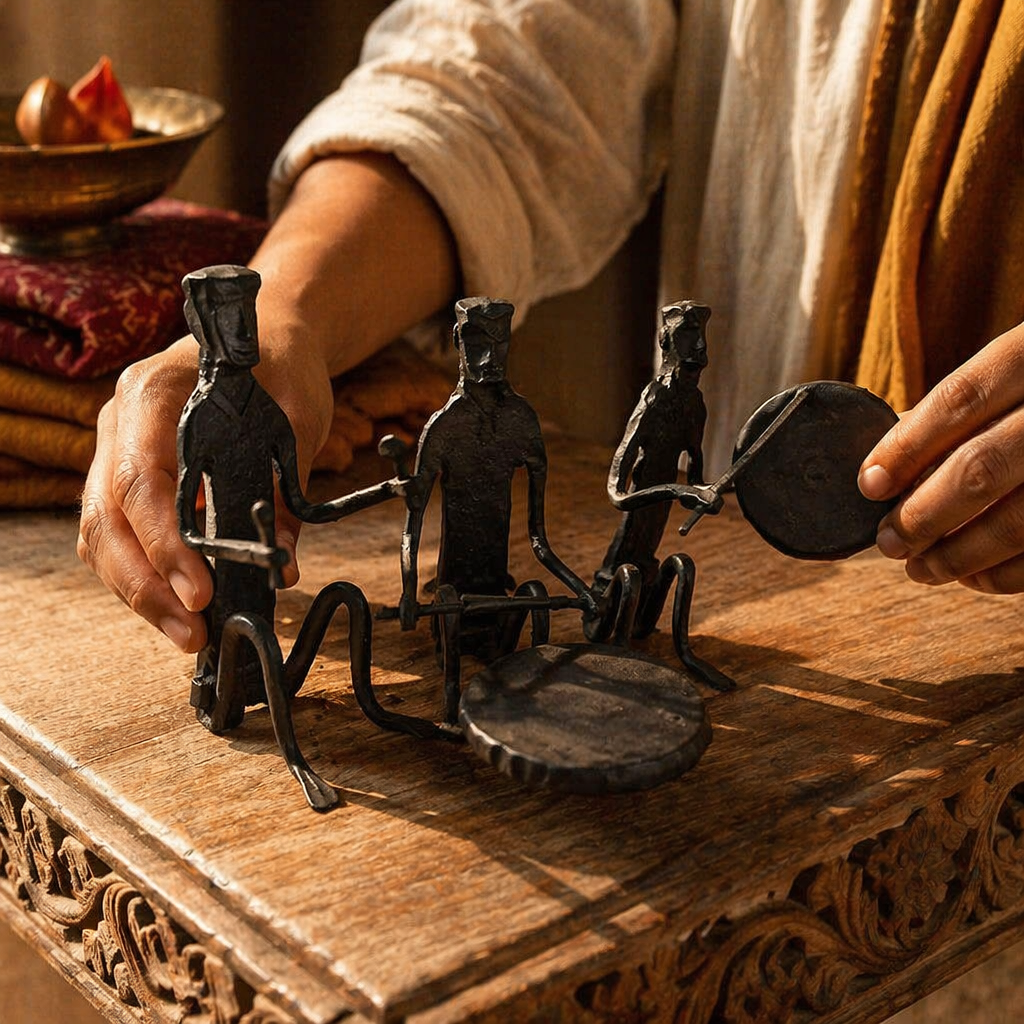 Bastar Wrought Iron Seated Musicians Trio, Tribal Stories. Handmade in India by House of Taraasha.