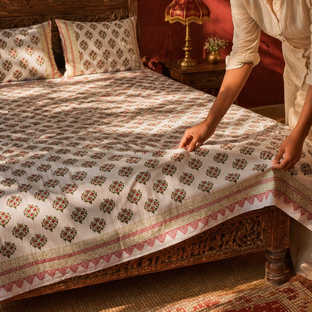 Jaipur Blooms 300 TC Block-Printed Cotton Bedsheet, The Linen Room. Handmade in India by House of Taraasha.