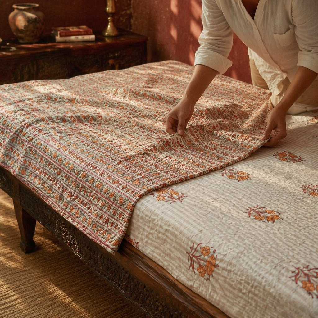 Dusty Pink Floral & Geometric Mulmul Quilt, The Linen Room. Handmade in India by House of Taraasha.