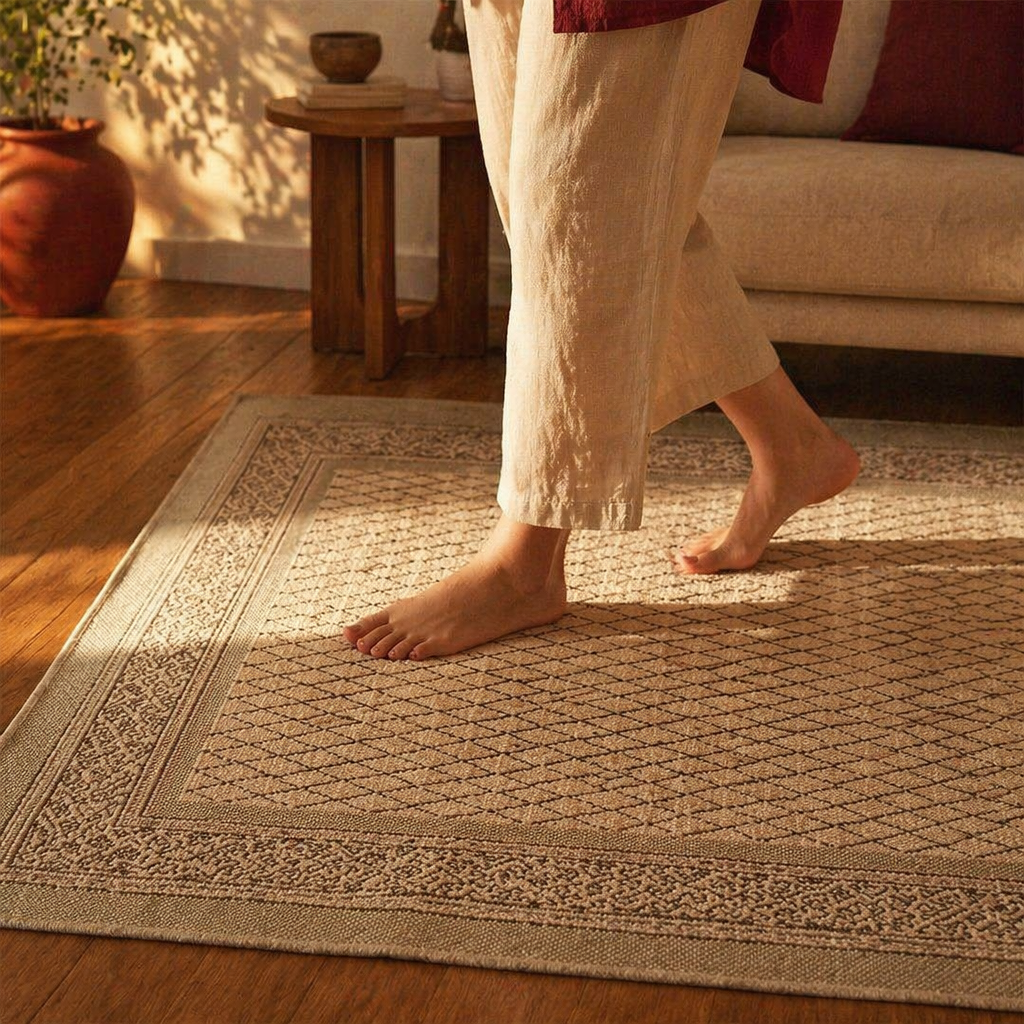 Aqua Green Hand Block-Printed Cotton Floor Rug, The Woven Floor. Handmade in India by House of Taraasha.