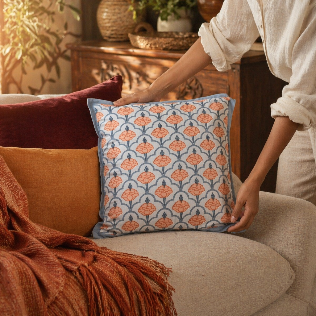 Jaali and Floral Blue and Dusty Pink Cushion Cover Set of 5, The Living Room. Handmade in India by House of Taraasha.