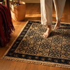 Kalamkari Indigo Hand Block-Printed Cotton Dhurrie, The Woven Floor. Handmade in India by House of Taraasha.