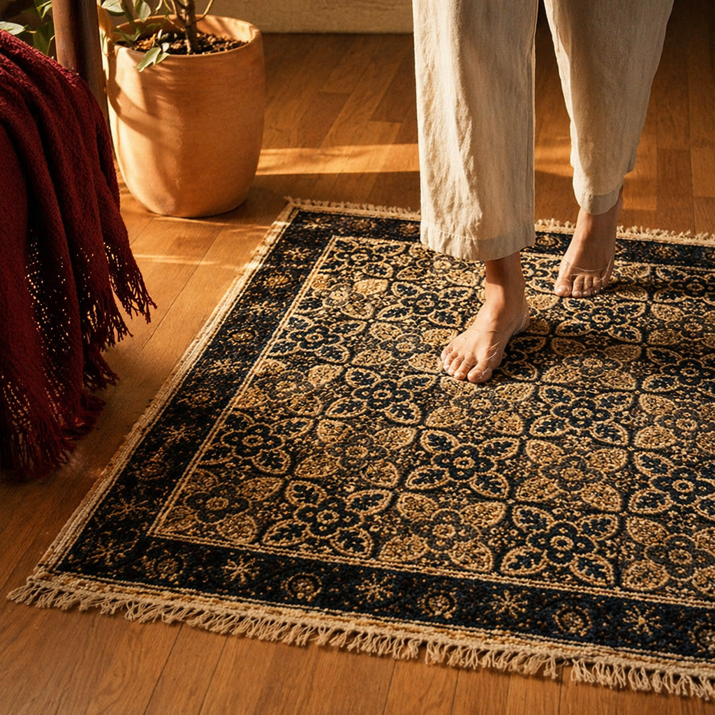 Kalamkari Indigo Hand Block-Printed Cotton Dhurrie, The Woven Floor. Handmade in India by House of Taraasha.