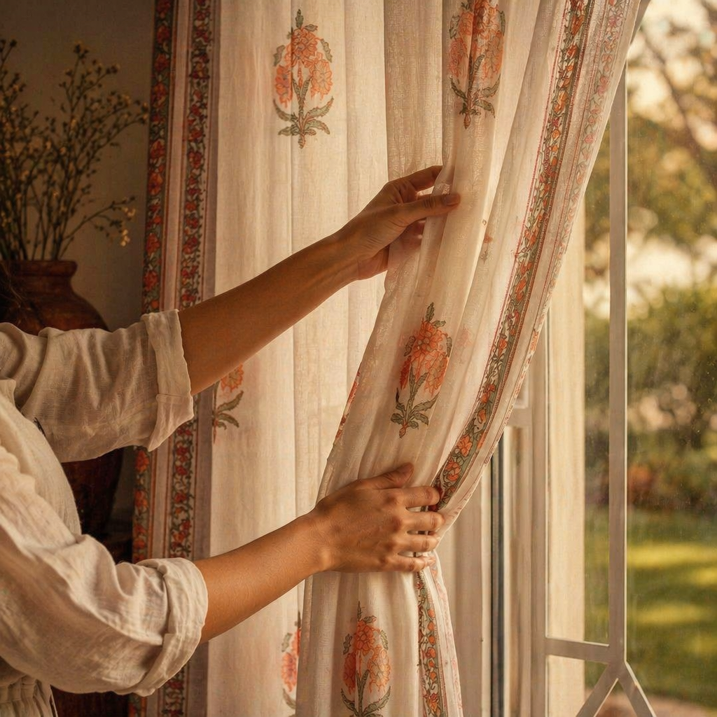 Mulmul Sheer Hand-Printed Green and Dusty Pink Curtain, The Draped Window. Handmade in India by House of Taraasha.