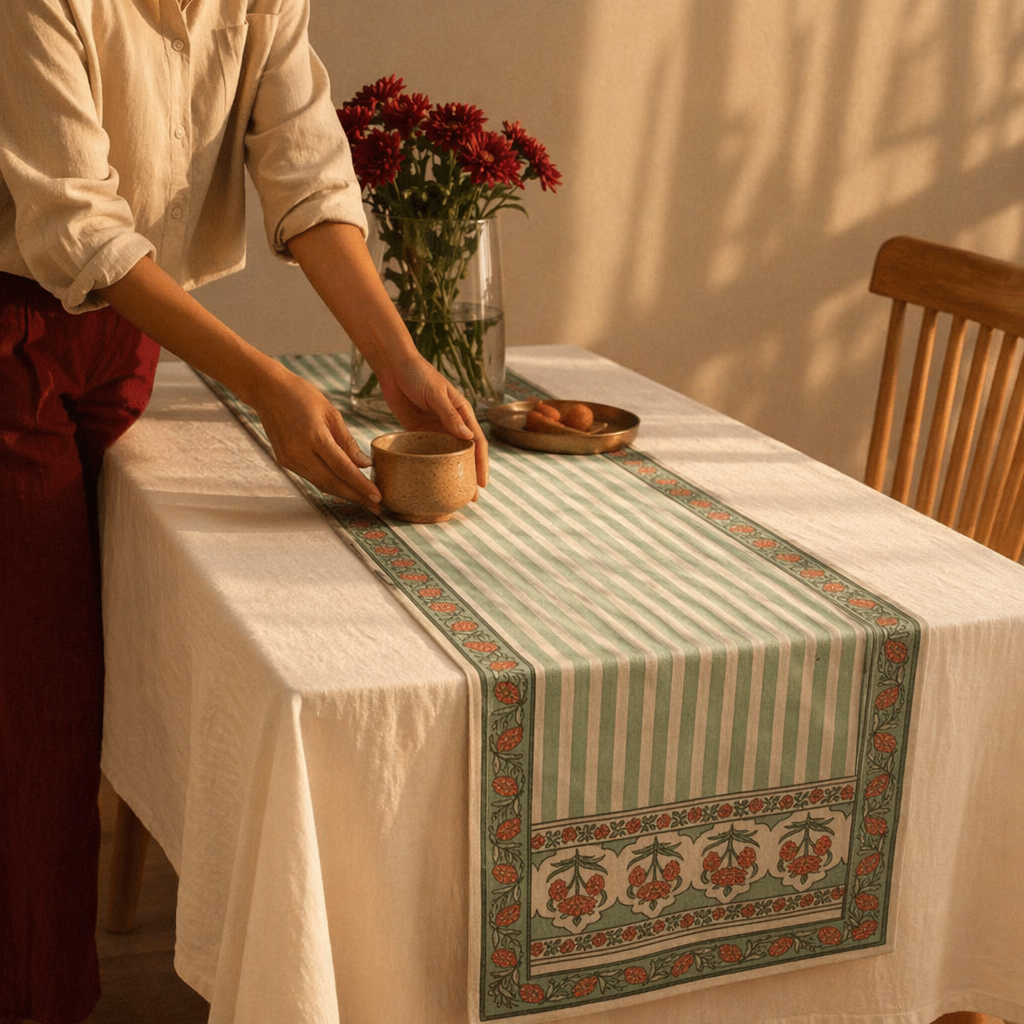 Royal Green & Pink Pure Cotton Table Runner, The Gathered Table. Handmade in India by House of Taraasha.