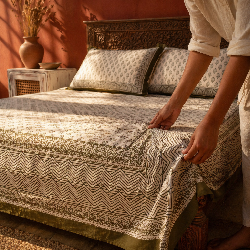 Bagru Floral Cotton Bedsheet with Pillow Covers, The Linen Room. Handmade in India by House of Taraasha.
