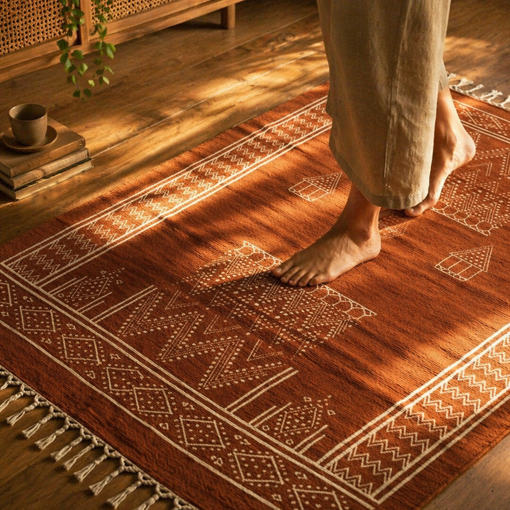 Mandana Diamond Hand-Printed Rust Cotton Rug, The Woven Floor. Handmade in India by House of Taraasha.
