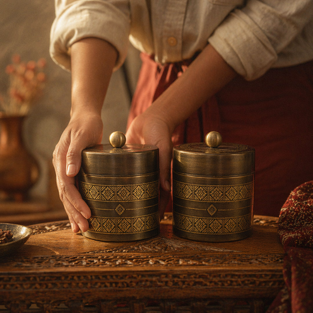 Kanjeevaram Antique Brass Kitchen Jar Duo, The Brass Atelier. Handmade in India by House of Taraasha.