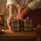 Kanjeevaram Antique Brass Kitchen Jar Duo, The Brass Atelier. Handmade in India by House of Taraasha.