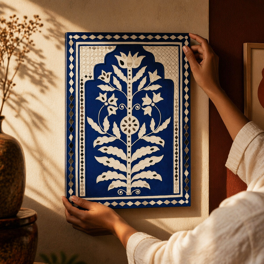 Persian Blue Lippan Wall Hanging Jodhpur Motif, The Art Wall. Handmade in India by House of Taraasha.