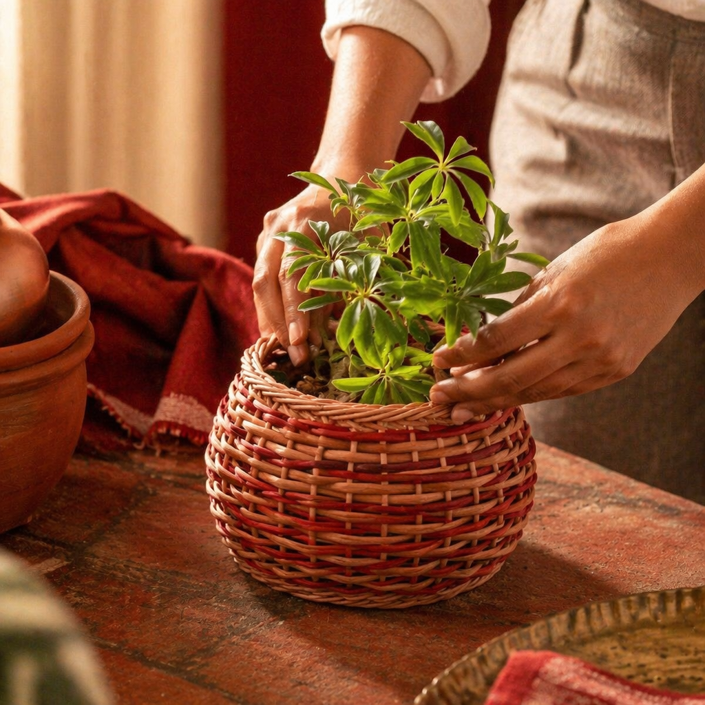 Willow Wicker Planter Rust and Indigo, Kashmir, The Art Wall. Handmade in India by House of Taraasha.