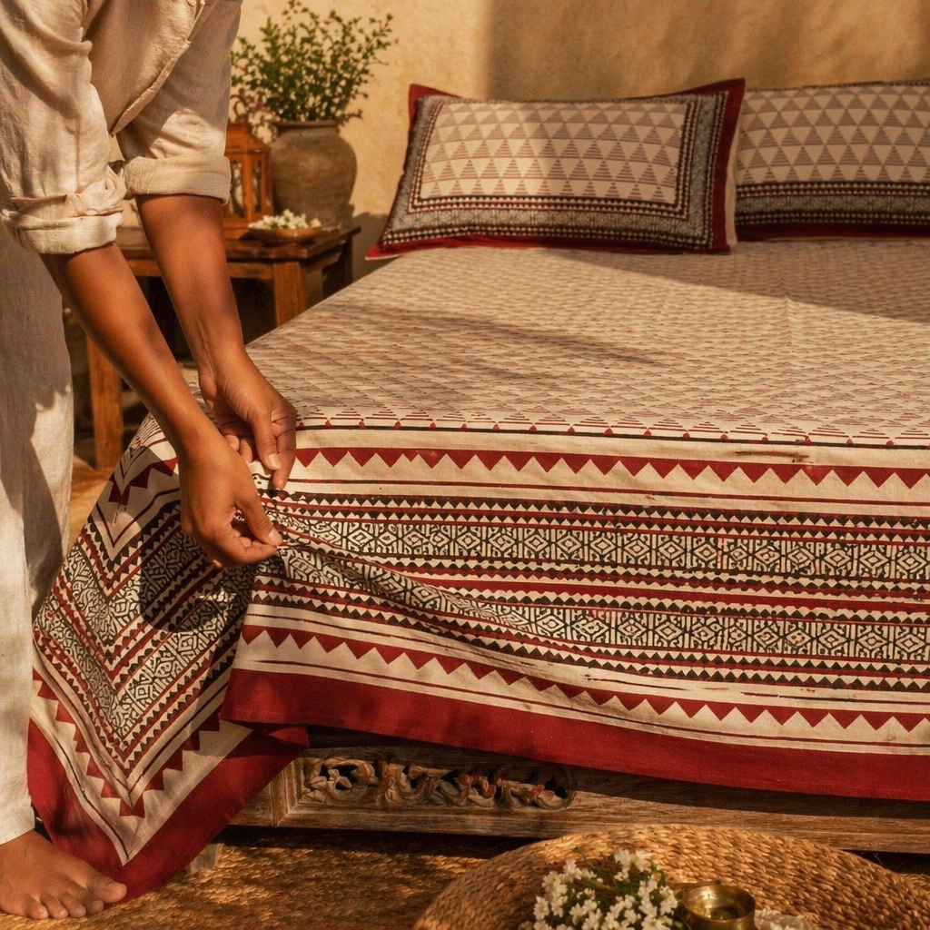 Bagru Geometric Cotton Bedsheet in Black and Maroon, The Linen Room. Handmade in India by House of Taraasha.