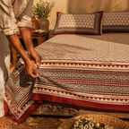 Bagru Geometric Cotton Bedsheet in Black and Maroon, The Linen Room. Handmade in India by House of Taraasha.