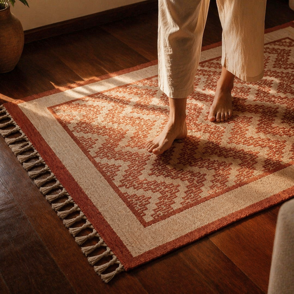 Chintz Chevron Ivory and Coral Hand Block-Printed Rug, The Woven Floor. Handmade in India by House of Taraasha.