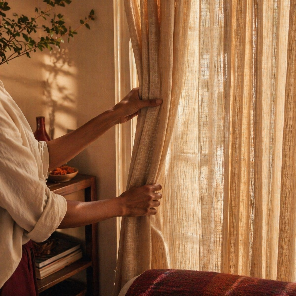 Handwoven Stripe Beige Cotton Curtain, The Draped Window. Handmade in India by House of Taraasha.