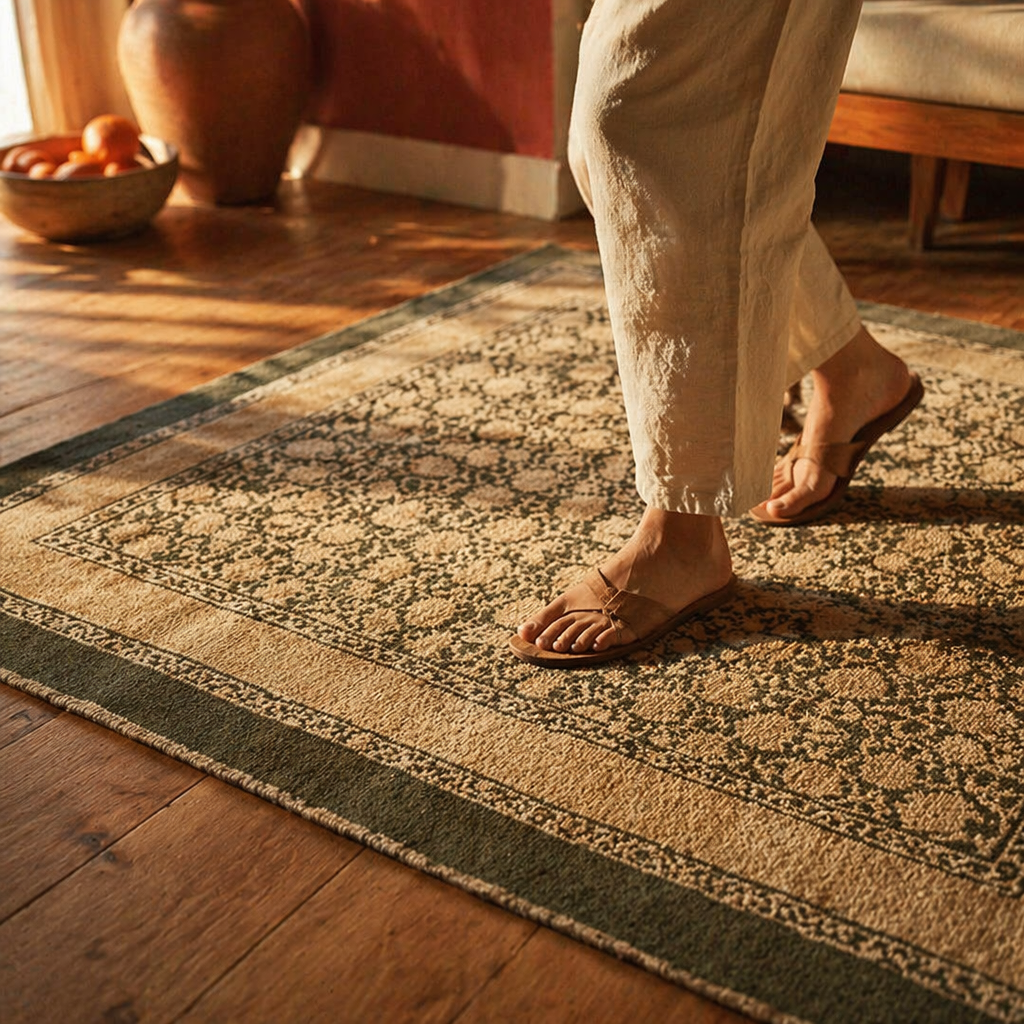 Ivory and Charcoal Hand Block-Printed Cotton Rug, The Woven Floor. Handmade in India by House of Taraasha.