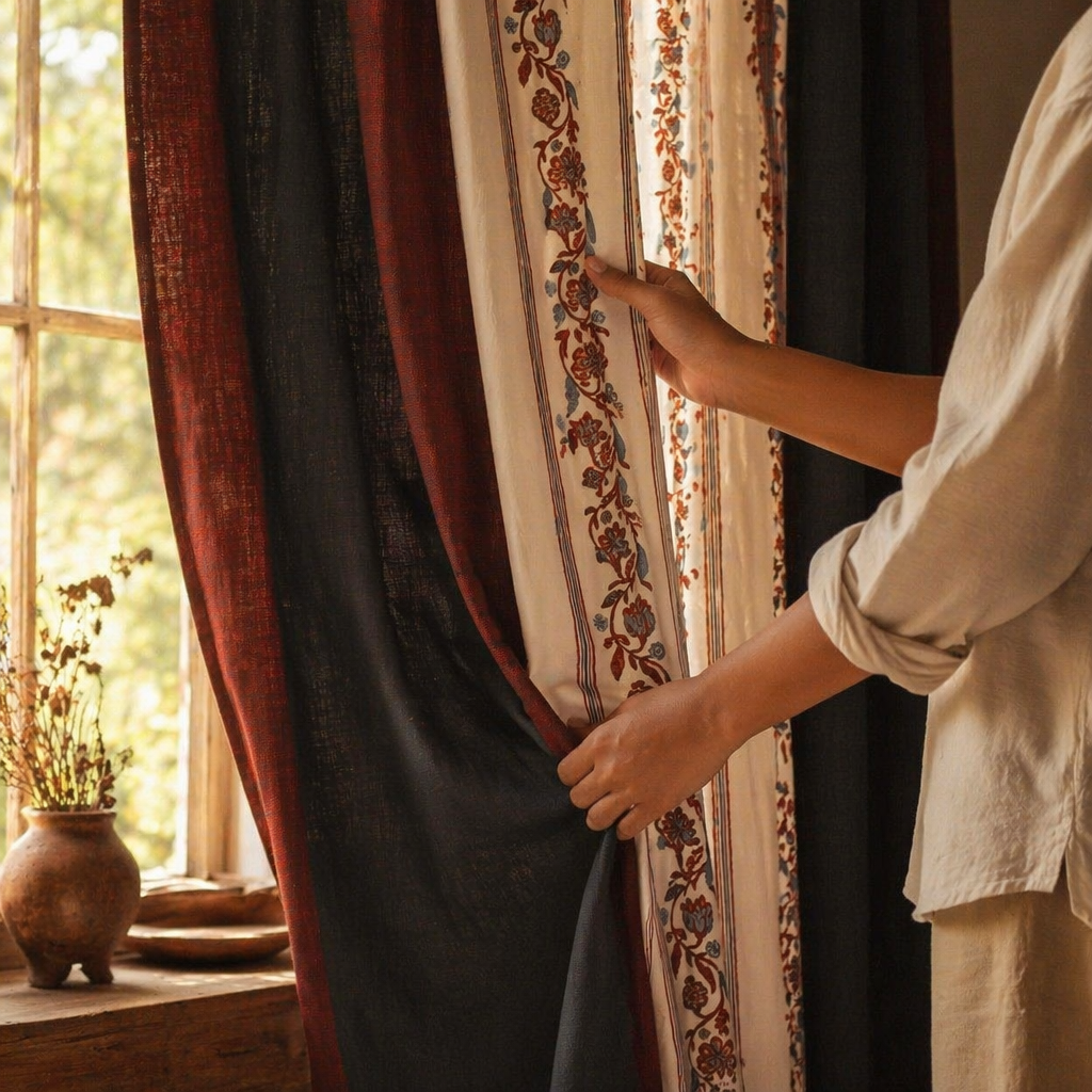 Chintz Assorted Set Off-White, Navy and Brick Red Cotton Curtains, The Draped Window. Handmade in India by House of Taraasha.