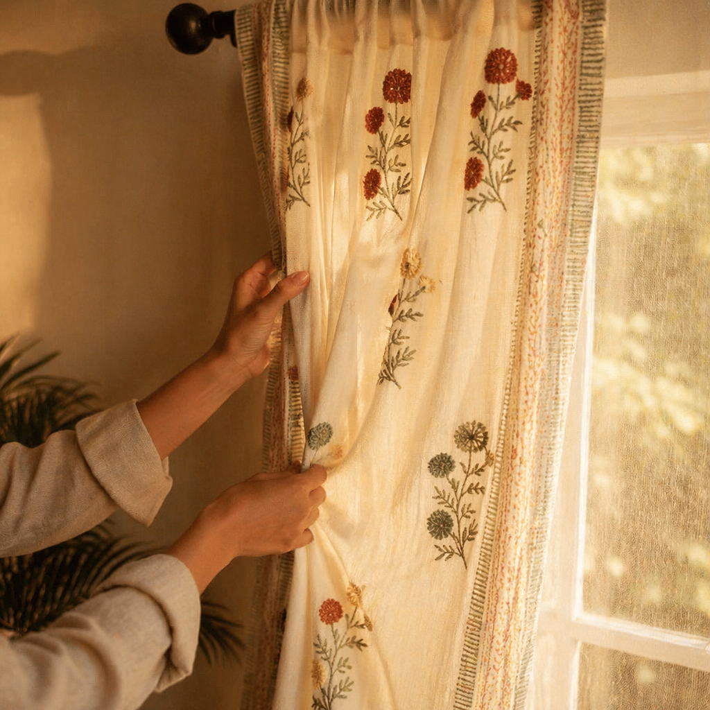 Marigold Block-Print Sheer Teal and Mustard Curtain, The Draped Window. Handmade in India by House of Taraasha.