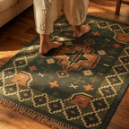 Green and Peach Punja-Woven Jute and Wool Floor Rug, The Woven Floor. Handmade in India by House of Taraasha.