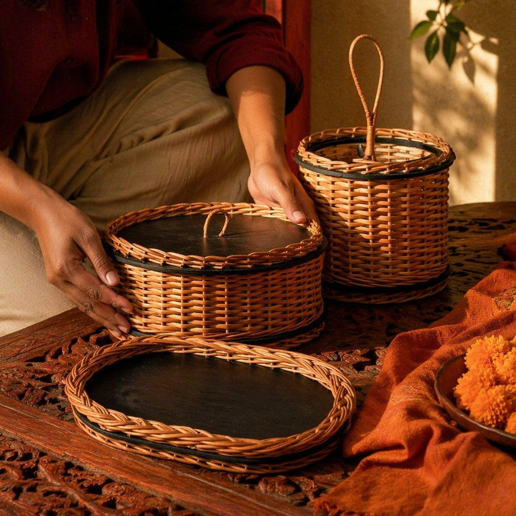 Kashmir Willow Storage Box, Tray & Cutlery Caddy, The Brass Atelier. Handmade in India by House of Taraasha.