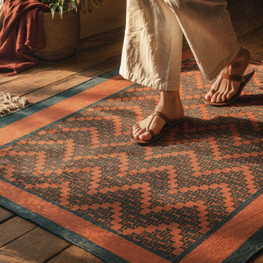 Coral & Teal Chintz Hand Block-Printed Cotton Rug, The Woven Floor. Handmade in India by House of Taraasha.