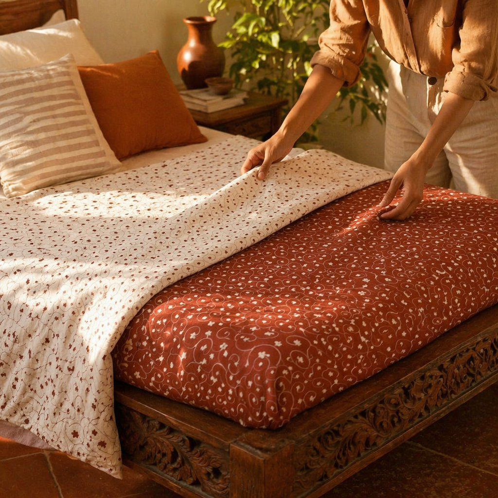 Rust and Off-White Royal Courtyards Reversible Quilt, The Linen Room. Handmade in India by House of Taraasha.