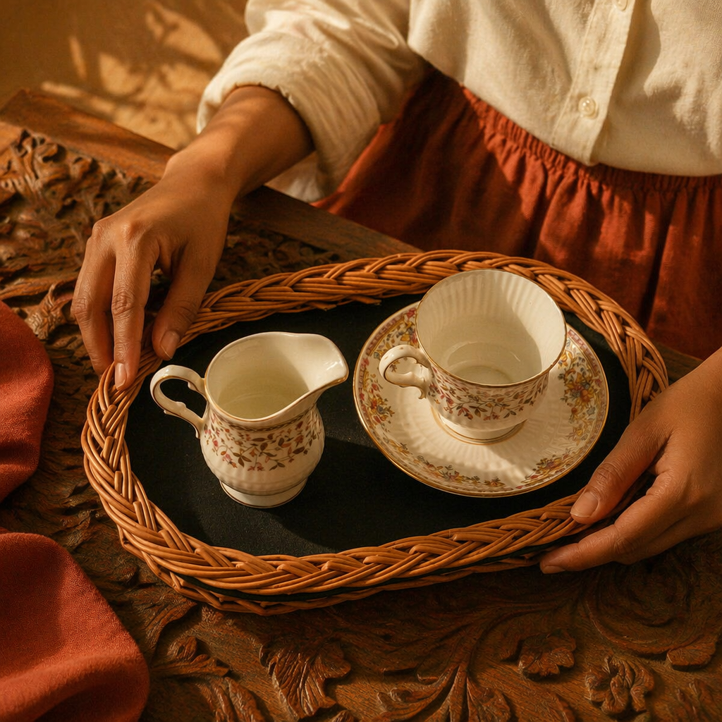 Ganderbal Kashmir Willow Wicker Serving Tray, The Brass Atelier. Handmade in India by House of Taraasha.