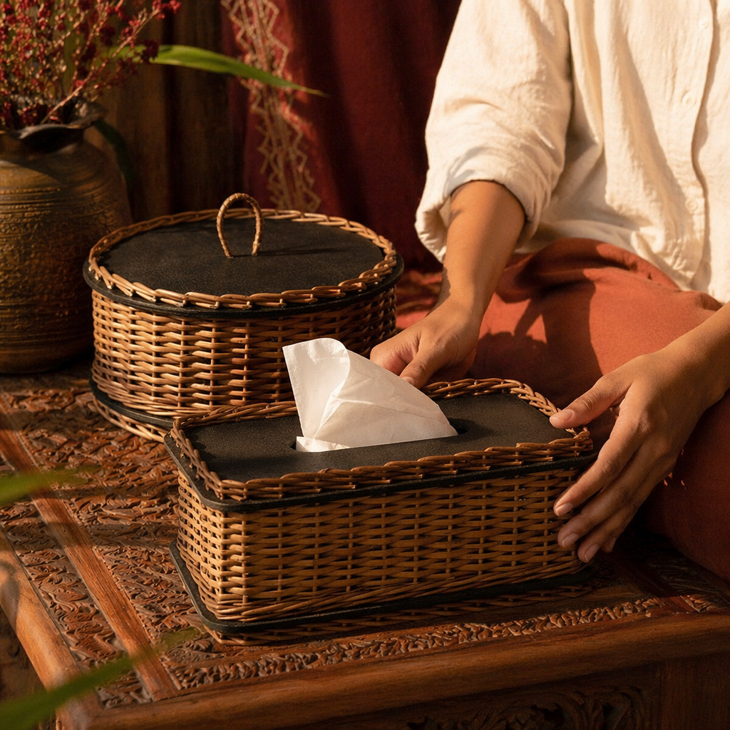 Kashmir Willow Storage Box & Tissue Box, The Wicker House. Handmade in India by House of Taraasha.