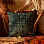 Ajrakh Green and Indigo Embroidered Cushion Cover, The Living Room. Handmade in India by House of Taraasha.
