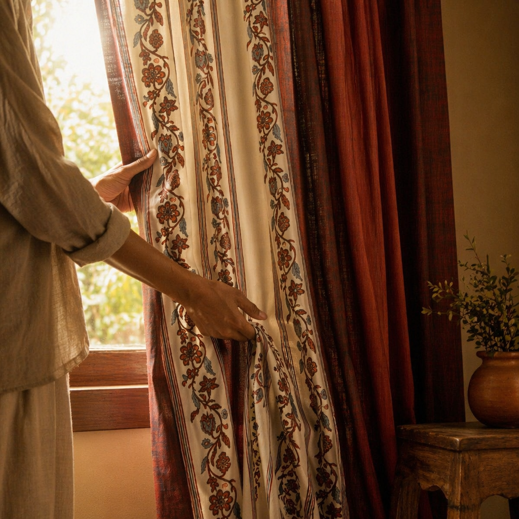 Chintz Assorted Set Off-White and Brick Red Cotton Curtains, The Draped Window. Handmade in India by House of Taraasha.