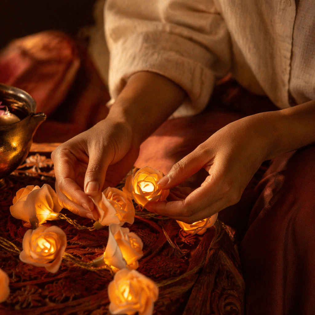 Malakar Shola Flower LED String Lights, Still Light. Handmade in India by House of Taraasha.