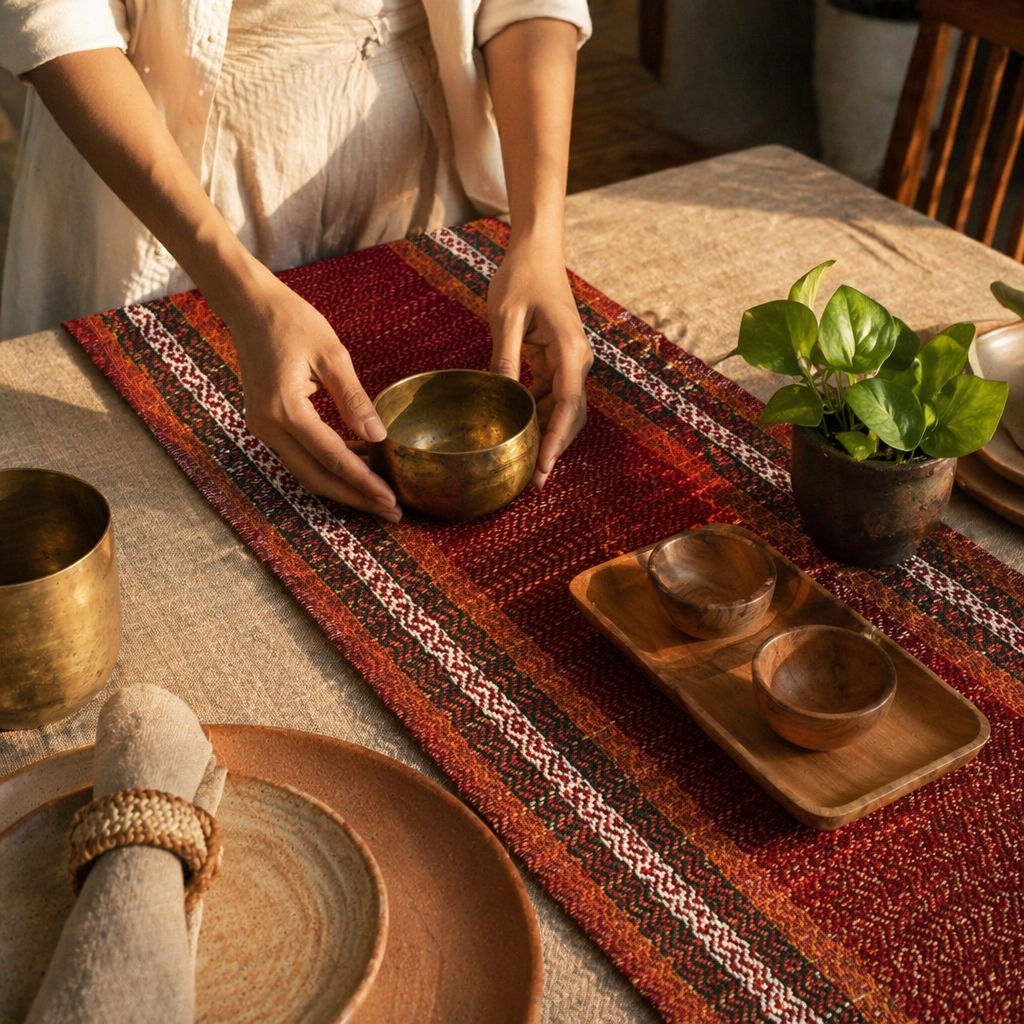 Madur Beige Handwoven Grass Table Runner, The Gathered Table. Handmade in India by House of Taraasha.