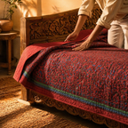Chintz Brick Red and Navy Quilted Bed Cover, The Linen Room. Handmade in India by House of Taraasha.