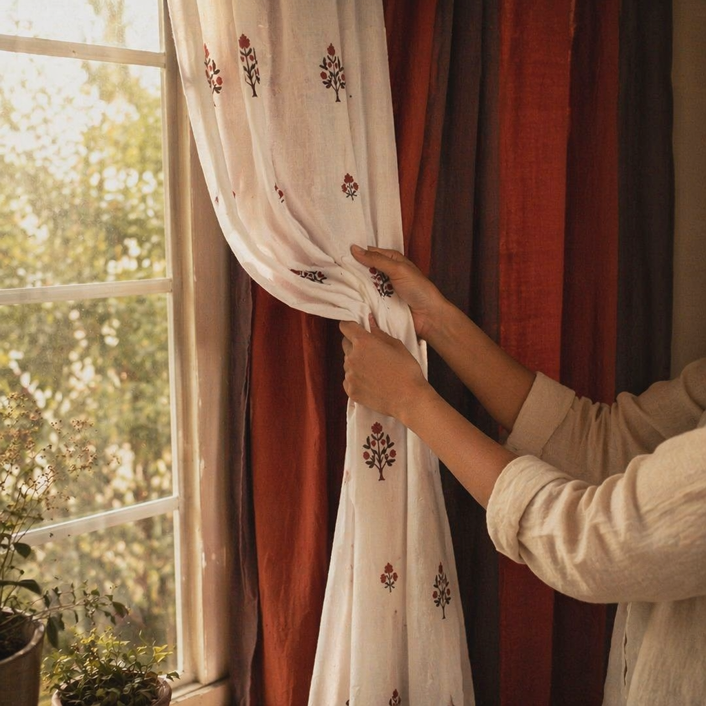 Royal Courtyards Rust & Maroon Woven-Sheer Set of Three, The Draped Window. Handmade in India by House of Taraasha.