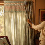 Royal Courtyards Green & Dusty Pink Woven-Printed Set of Three, The Draped Window. Handmade in India by House of Taraasha.