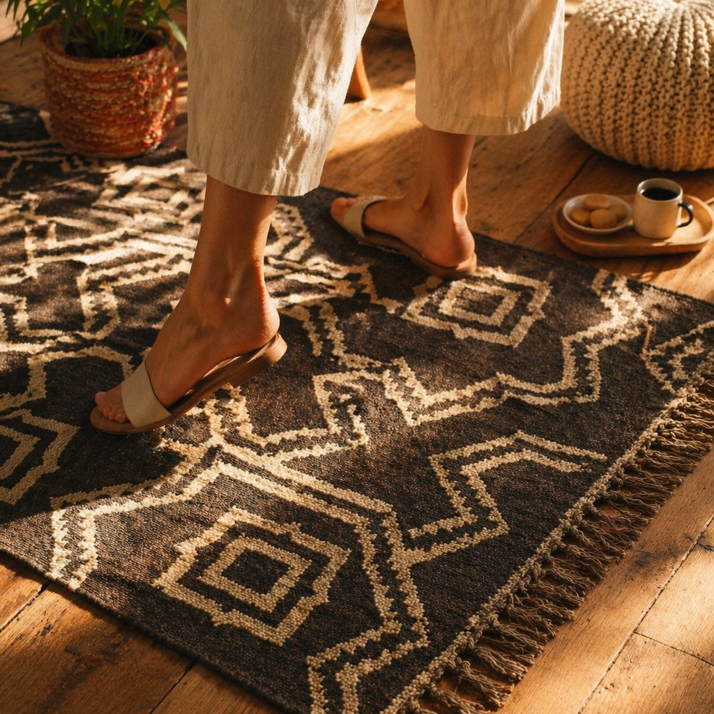 Monochrome Geometric Punja-Woven Jute & Wool Rug, The Woven Floor. Handmade in India by House of Taraasha.