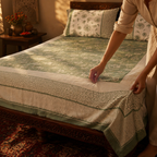 Teal & Off-White Jaipuri Marigold Bedsheet, The Linen Room. Handmade in India by House of Taraasha.