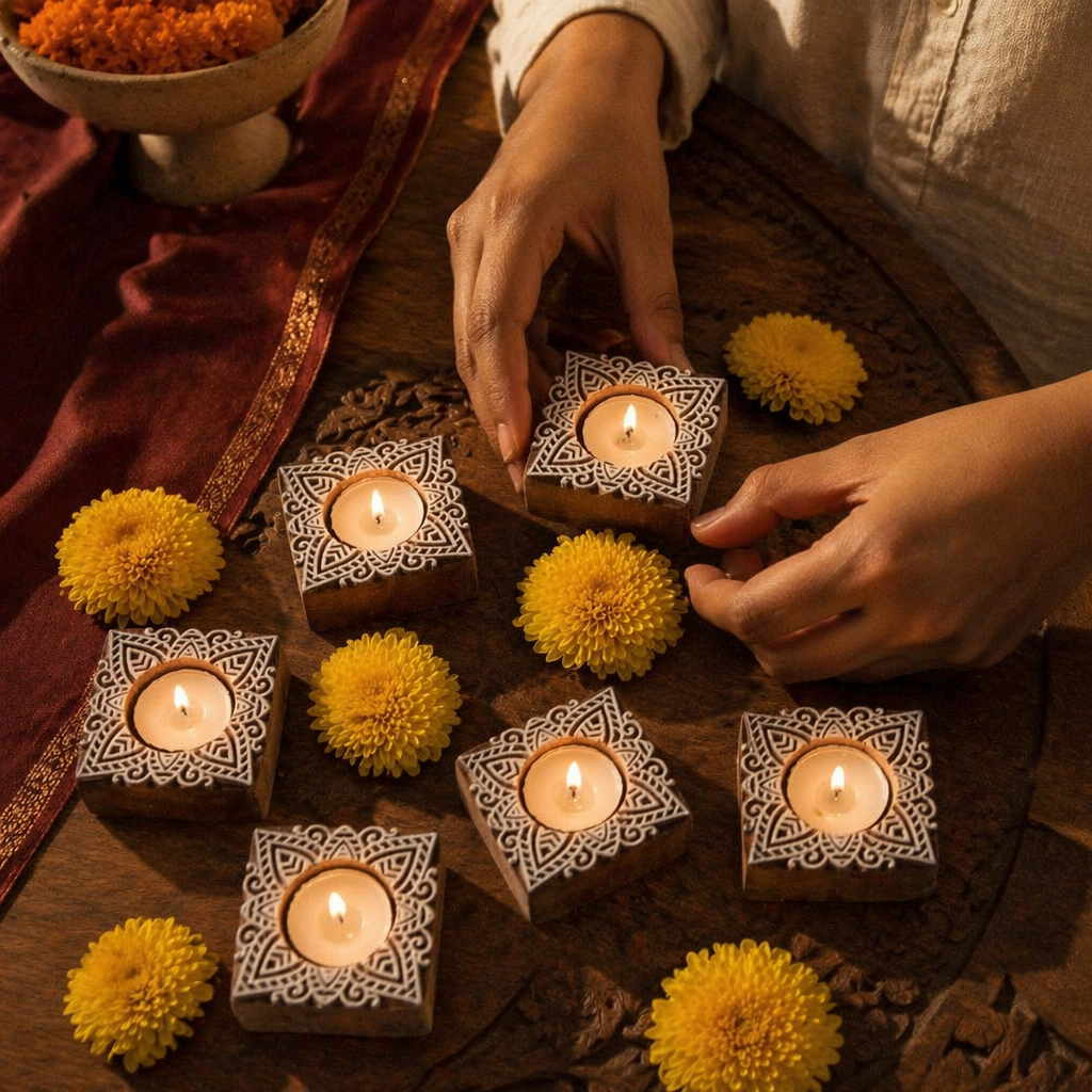 Carved Diya Hand-Engraved Wooden Tea Light Holders, Still Light. Handmade in India by House of Taraasha.