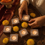 Carved Diya Hand-Engraved Wooden Tea Light Holders, Still Light. Handmade in India by House of Taraasha.