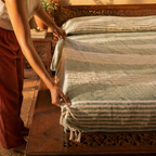 Royal Courtyards Green Striped Handwoven Bed Cover, The Linen Room. Handmade in India by House of Taraasha.
