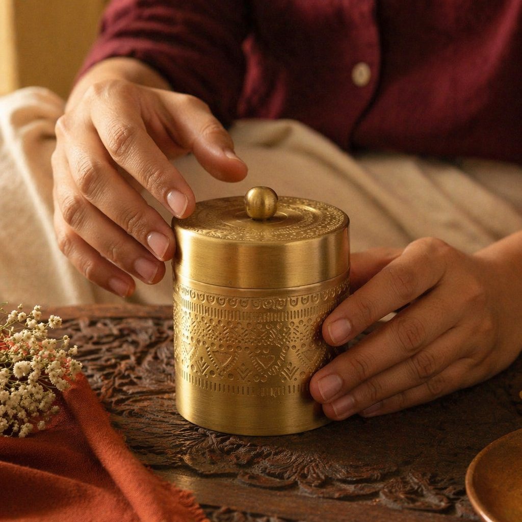 Moradabad Floral-Etched Pure Brass Dabba, Large, The Brass Atelier. Handmade in India by House of Taraasha.