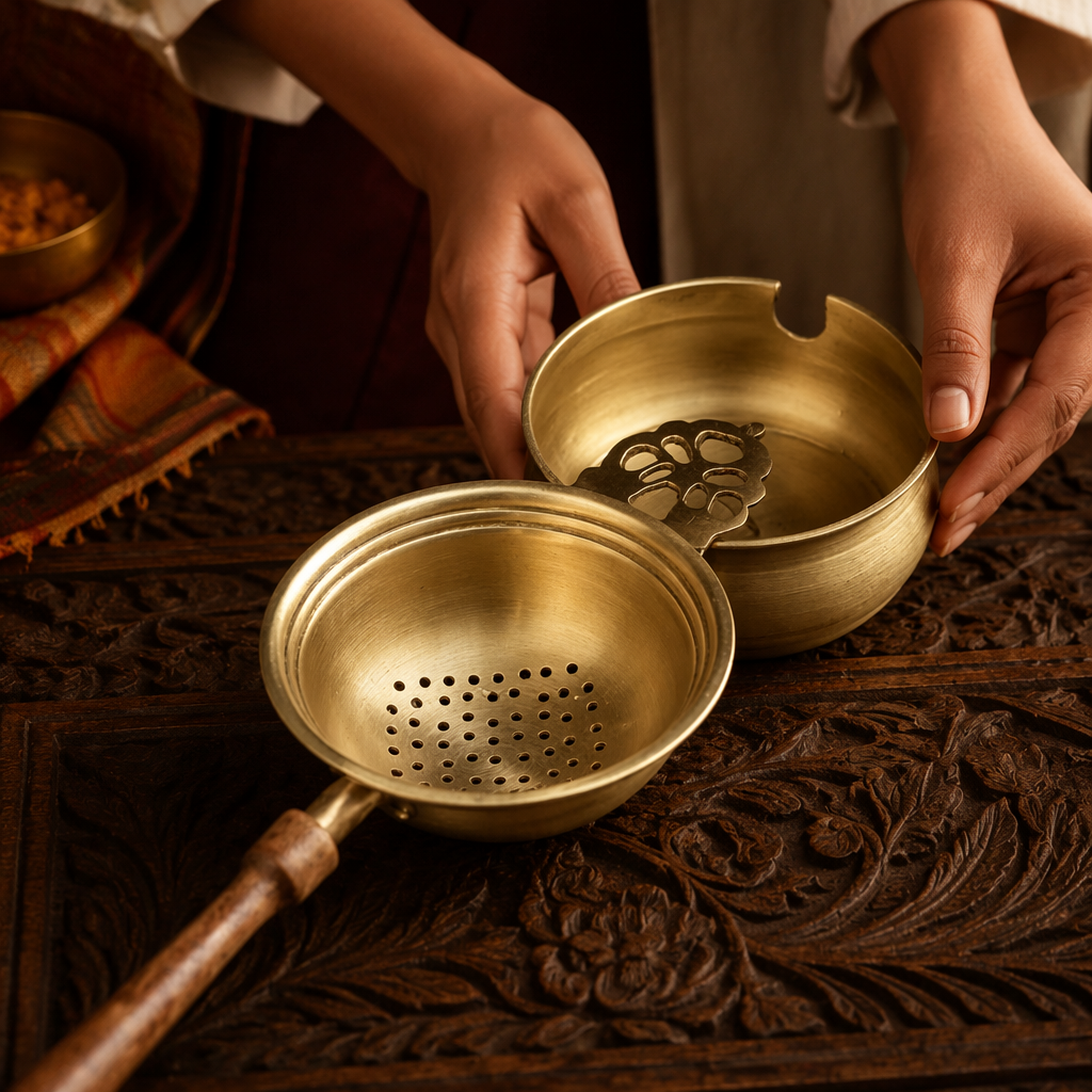 Mould-Cast and Polished Brass Tea Strainer with Wooden Handle