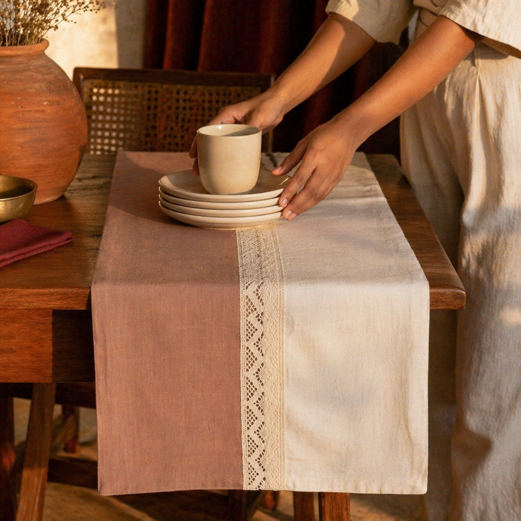 Taupe & Off-White Crochet Cotton Table Runner, The Gathered Table. Handmade in India by House of Taraasha.