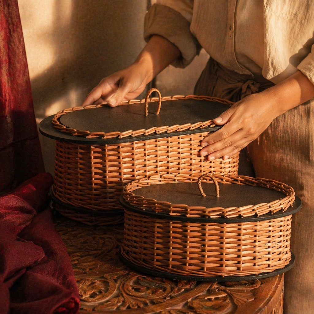 Kashmiri Willow Wicker Storage & Roti Box, The Wicker House. Handmade in India by House of Taraasha.