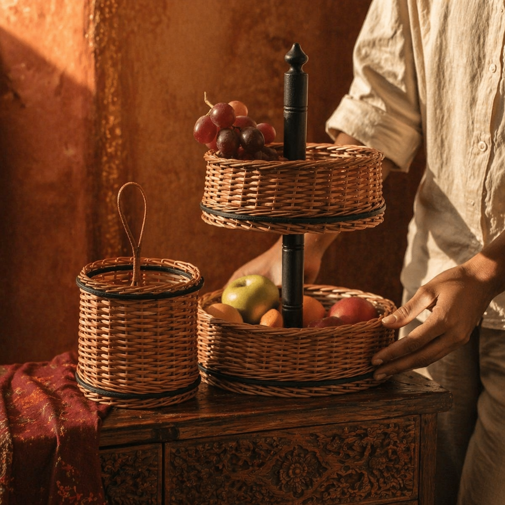 Kashmiri Willow Wicker Fruit Basket & Cutlery Holder, The Wicker House. Handmade in India by House of Taraasha.