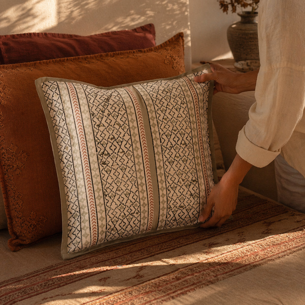 Aqua Stripe Hand Block-Printed Cotton Cushion Cover, The Living Room. Handmade in India by House of Taraasha.